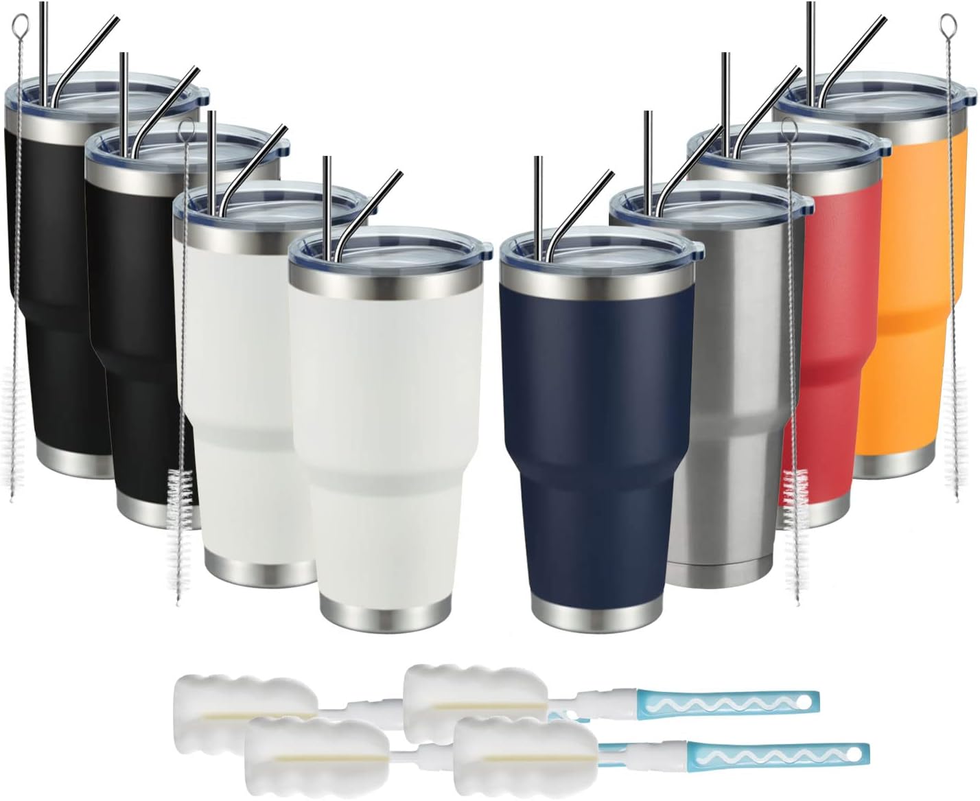 MEWAY Vaso aislado de 30 onzas con tapas y popotes, vaso de café de acero inoxidable con doble vacío, cepillo, taza de café duradera con