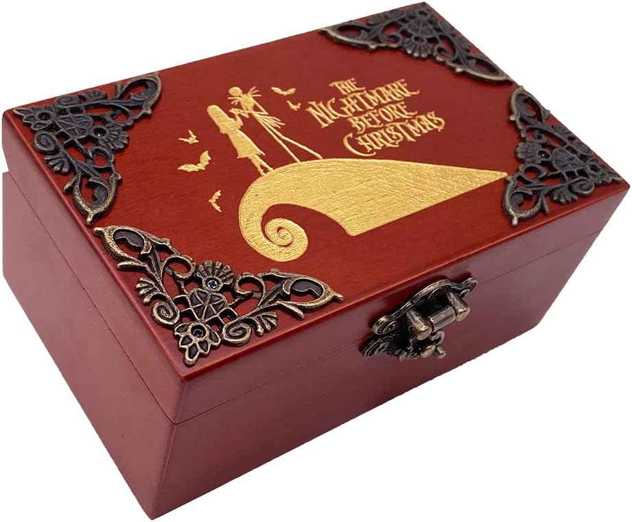 Youtang Caja de música con espejo de Nightmare Before Christmas, caja musical de madera grabada con láser, regalo musical para ella, él, novia,