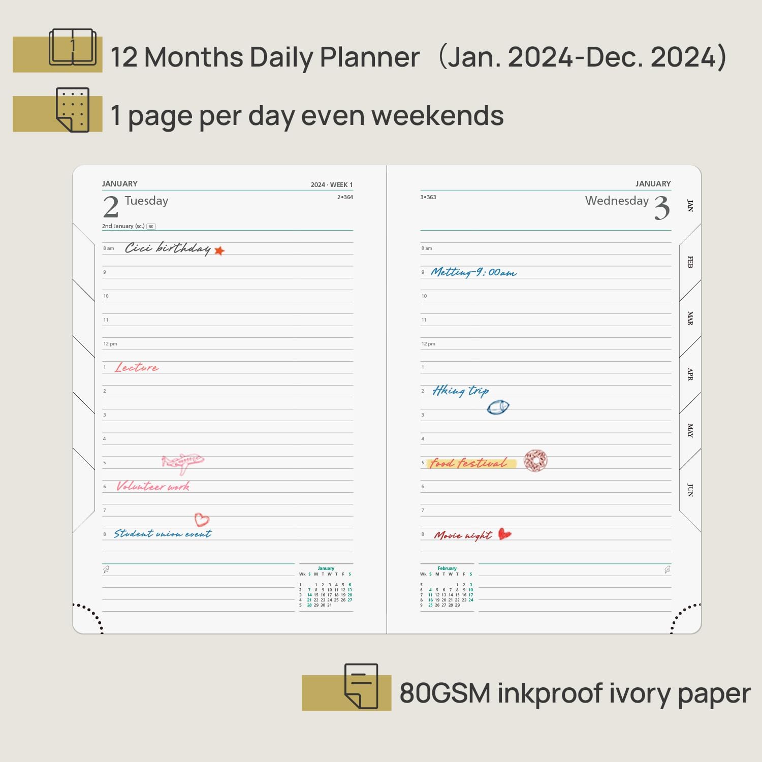 POPRUN Agenda diaria 2024 una página por día con tapa dura de cuero vegano, agenda 2024 libro de citas por hora con pestañas mensuales, bolsillo