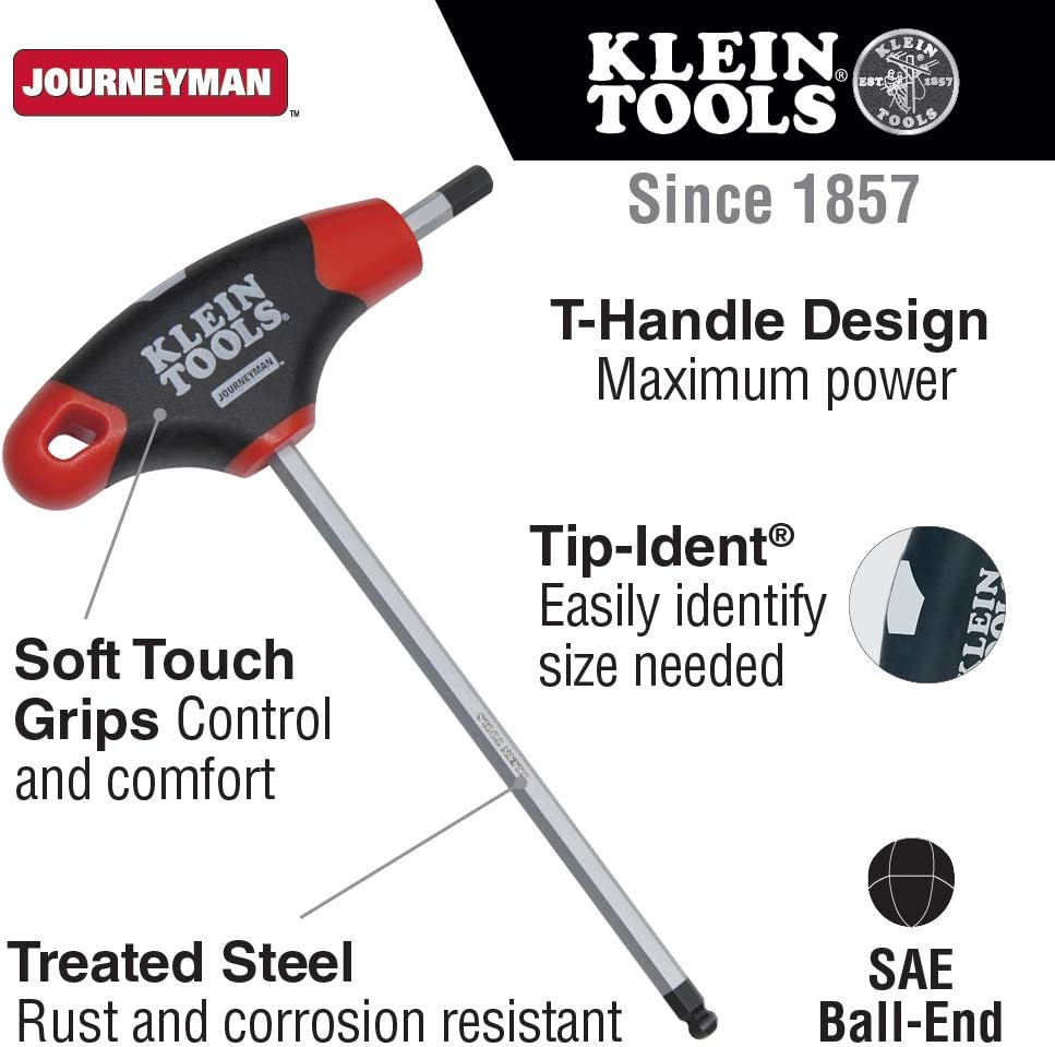 Klein Tools JTH6E12BE Llave hexagonal de extremo de bola de 732 pulgadas con mango en T Journeyman, 6 pulgadas