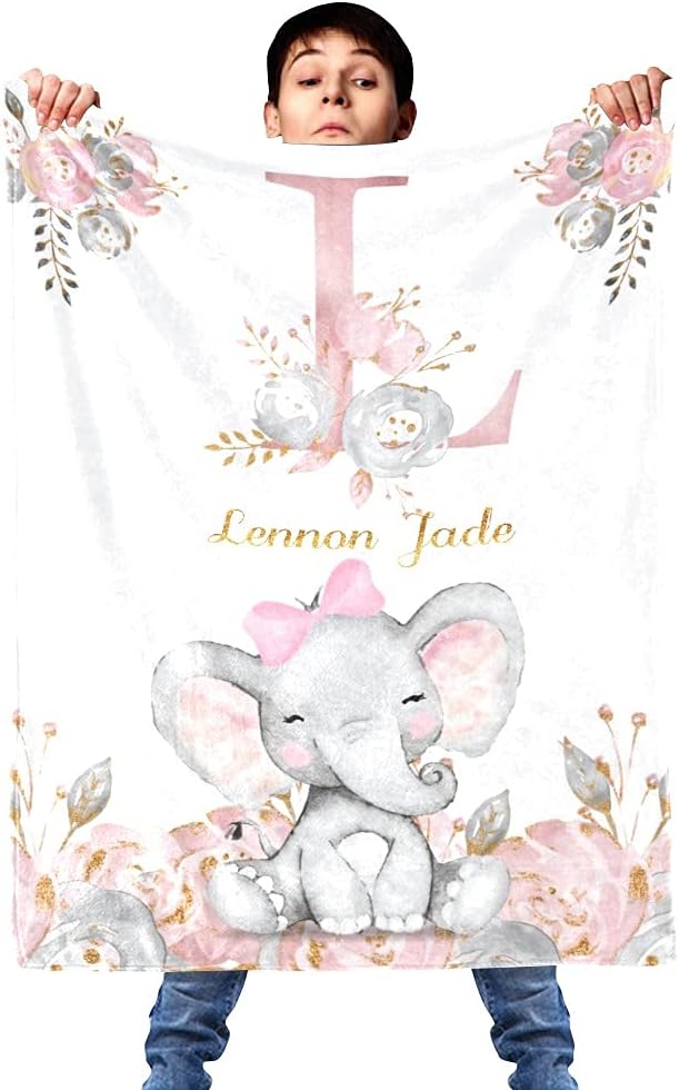 Manta de bebé personalizada, monograma rosa, lindo elefante personalizado, mantas de 30 x 40 pulgadas para bebé, niño y niña con nombre, baby