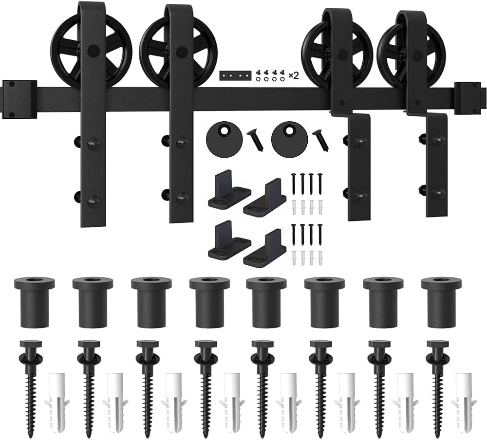 WINSOON Kit de herrajes para puerta corrediza de granero de 5 pies a 10 pies, pista única de 10 pies para puertas dobles, rueda de radios grande,