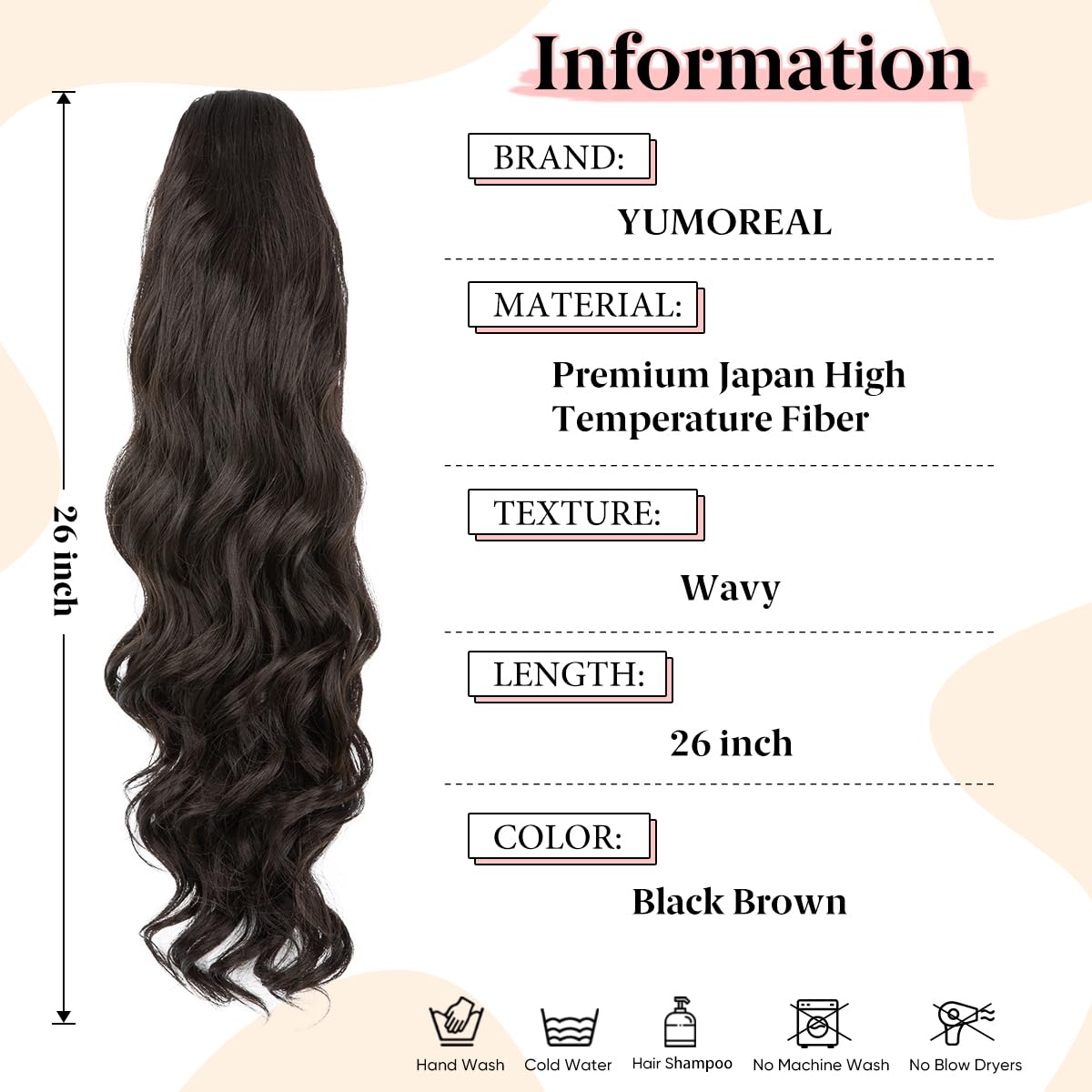 Extensiones de cola de caballo sintéticas resistentes al calor, 26 pulgadas de largo, esponjosas, onduladas, para mujer, color negro y marrón