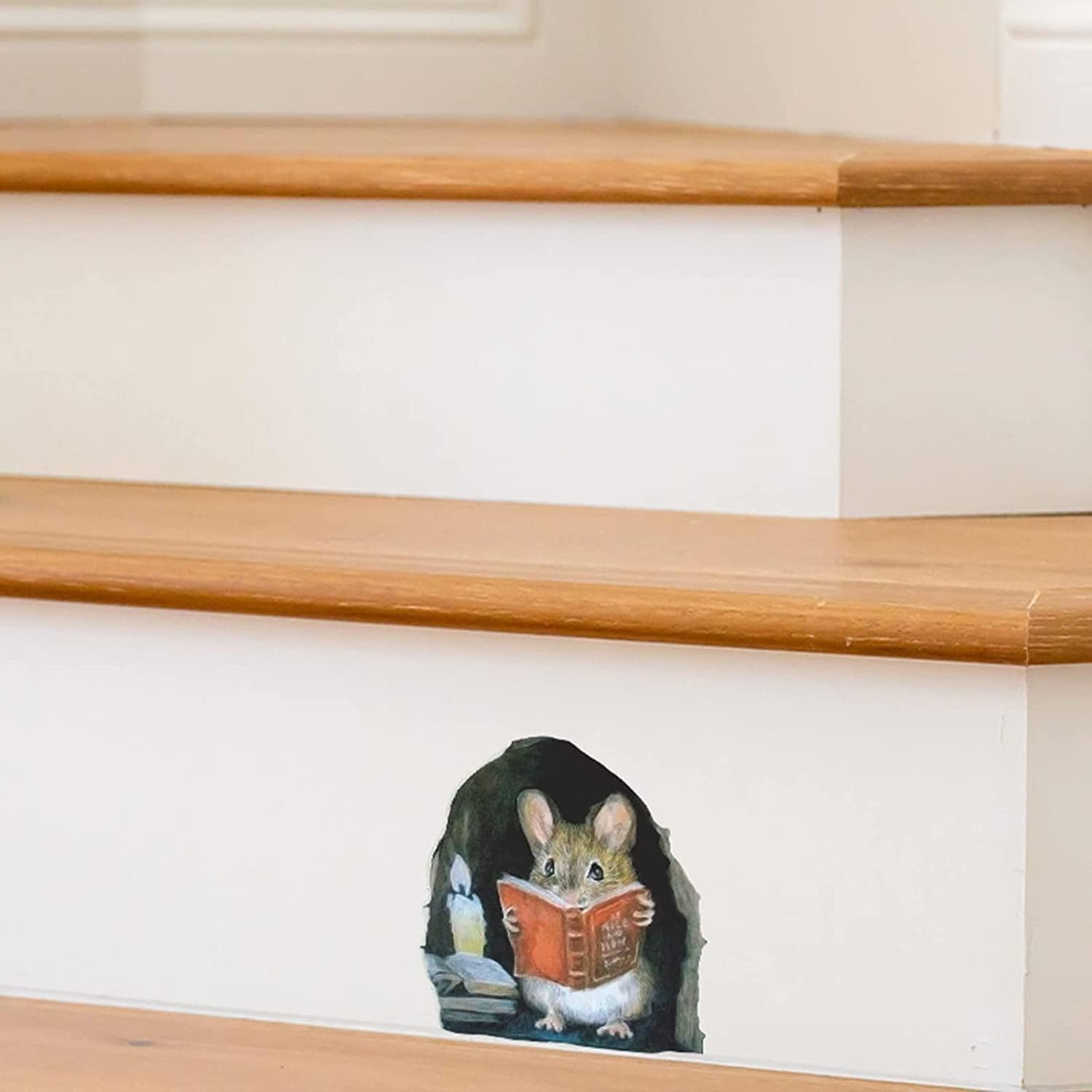 6 calcomanías de pared realistas 3D con diseño de ratón, libro de lectura de ratón, decoración de pared, habitación de los niños, decoración de