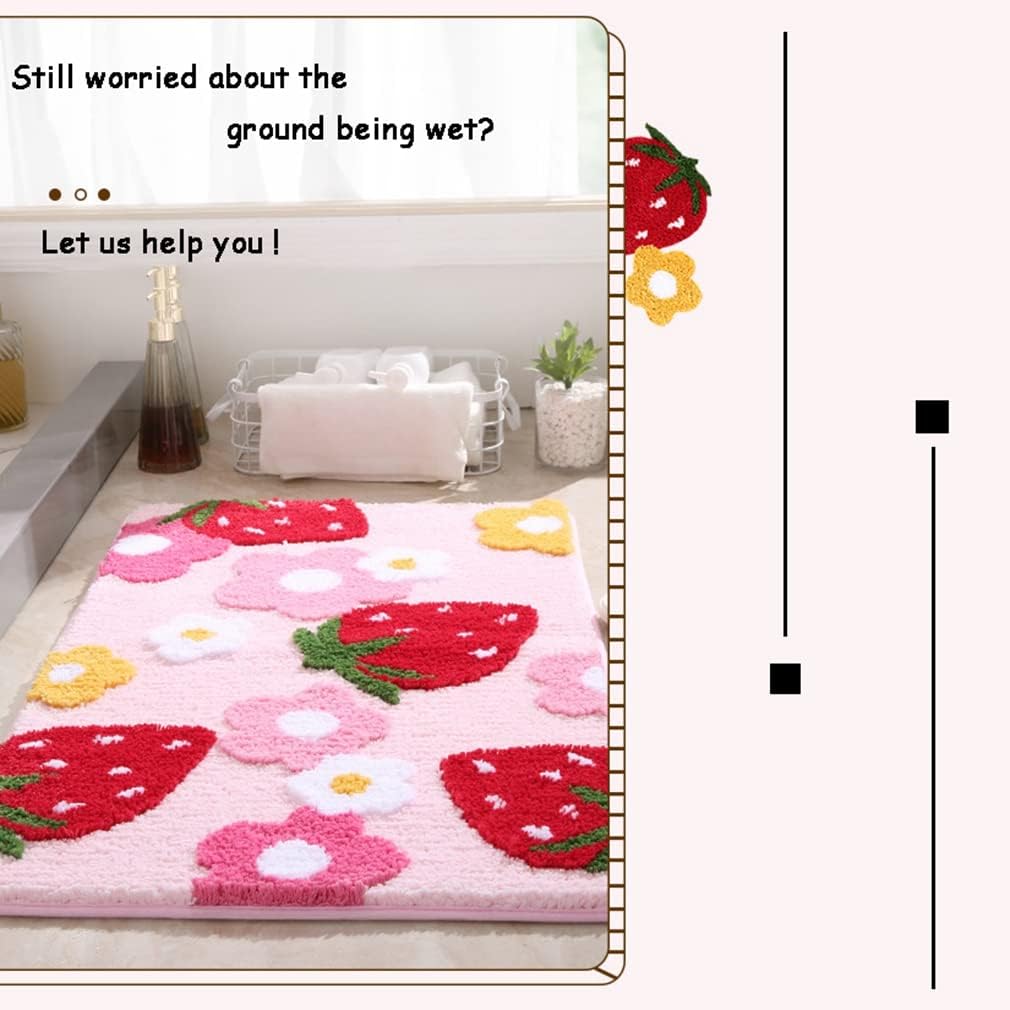 Tapete de baño suave y acogedor con diseño de fresa, antideslizante, lavable, lanudo para dormitorio, tapete absorbente de flores, tapete para