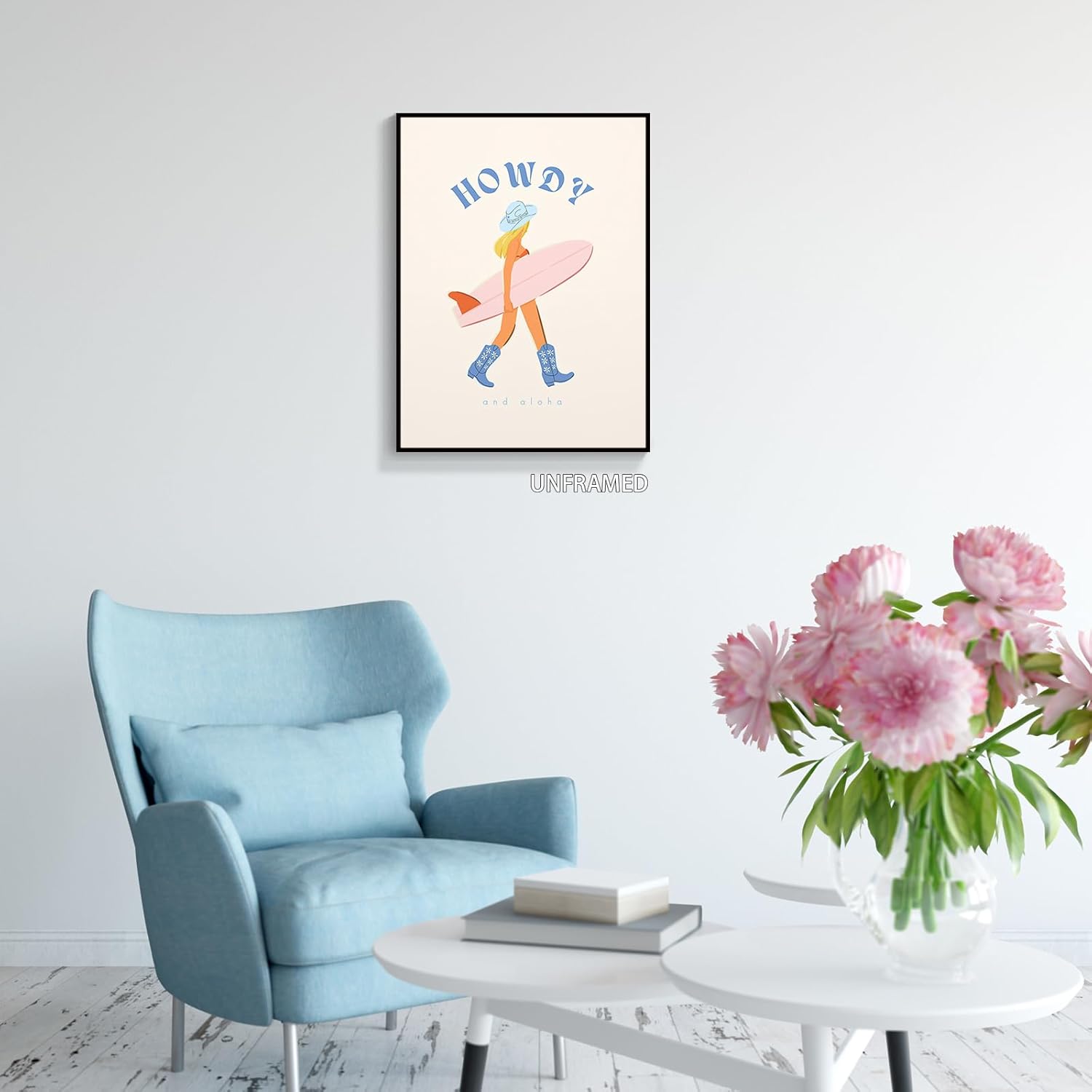 gooptyinh Lienzo decorativo de pared de vaquera costera de moda, póster estético de habitación de niña surfista azul Howdy y Aloha, decoración de