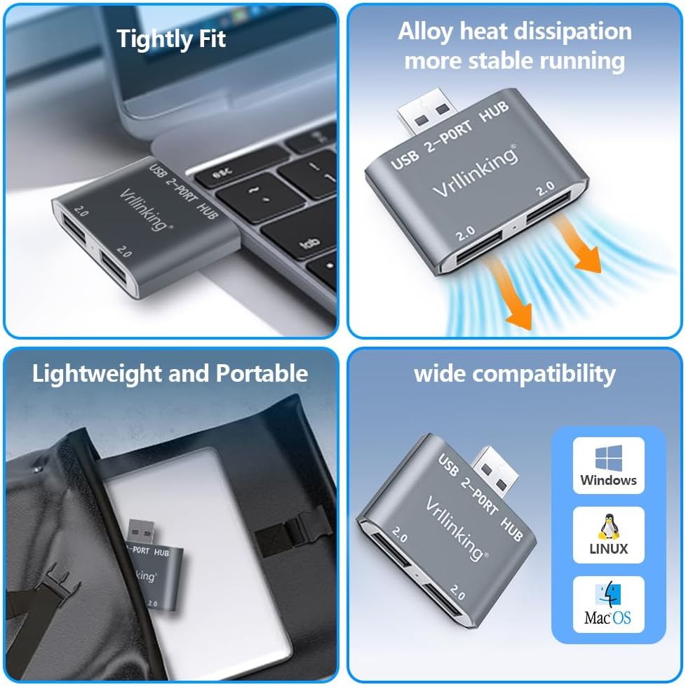 Hub USB, 2 puertos USB 2.0 Hub para portátil, 2 puertos USB Splitter USB Expander para iMac Pro, MacBook Air, Mac MiniPro, WindowsNotebook PC,