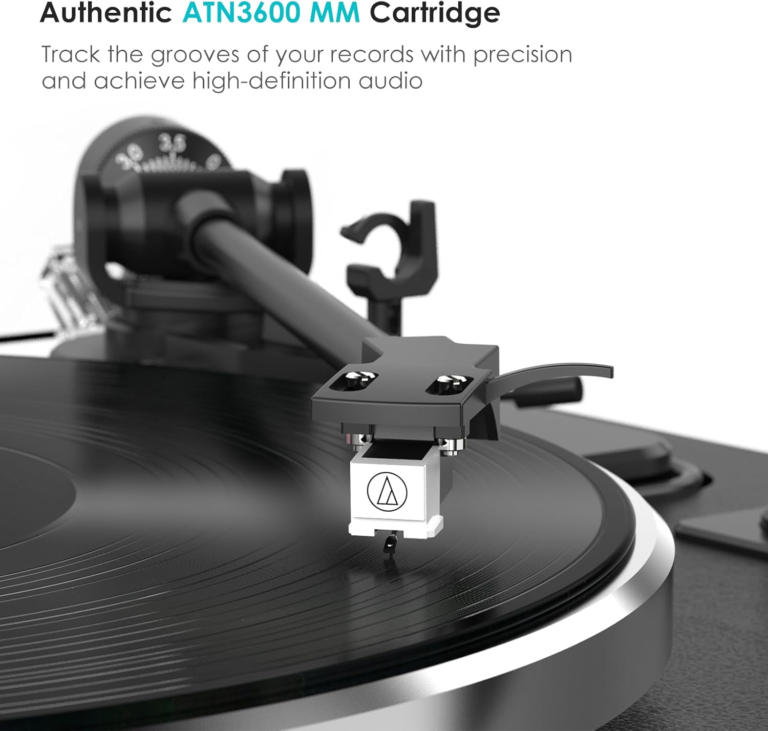 Tocadiscos todo en uno de alta fidelidad con transmisión por correa para discos de vinilo incorporados, 2 altavoces estéreo de agudos y 2 bajos,