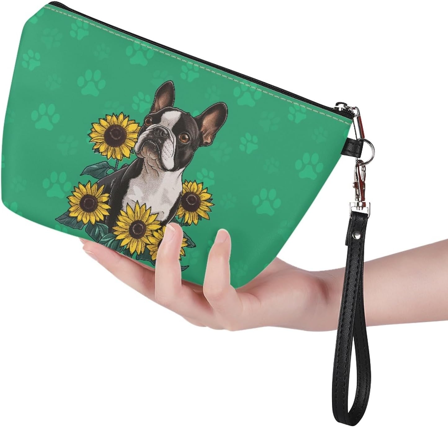 AFPANQZ Boston Terrier Bolsa de maquillaje con cremallera Bolsa de cosméticos de piel sintética para mujer con correa extraíble Neceser Tren Bolsa