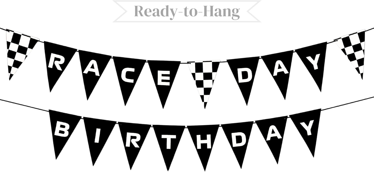 Cartel preencordado de cumpleaños del día de carrera, suministros temáticos de autos de carreras, decoraciones, Nascar, F1, Happy Bday, bandera a