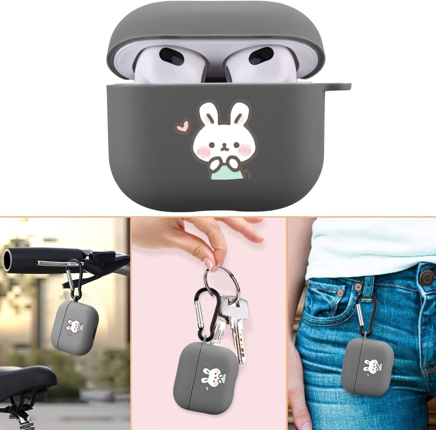 Bonita funda de conejo compatible con AirPods 3 con llavero, diseño de animales de dibujos animados, funda de TPU suave para AirPods de tercera