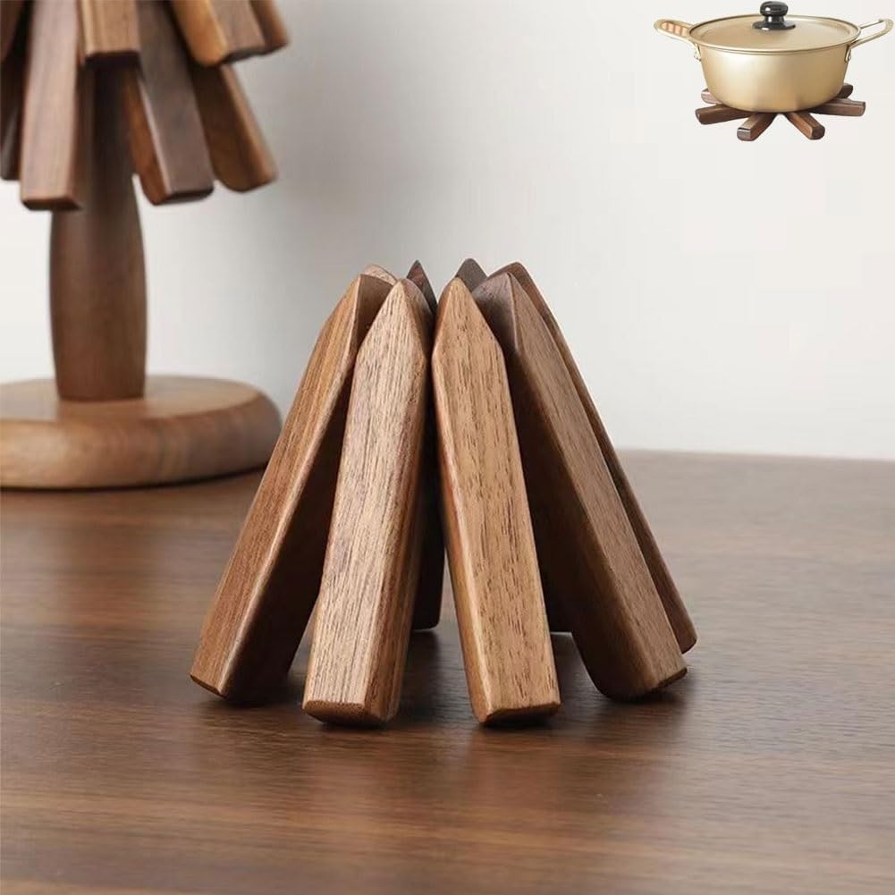 Juego de 3 posavasos de madera de nogal negro, diseño de árbol para posavasos de madera, almohadillas plegables resistentes al calor, soportes