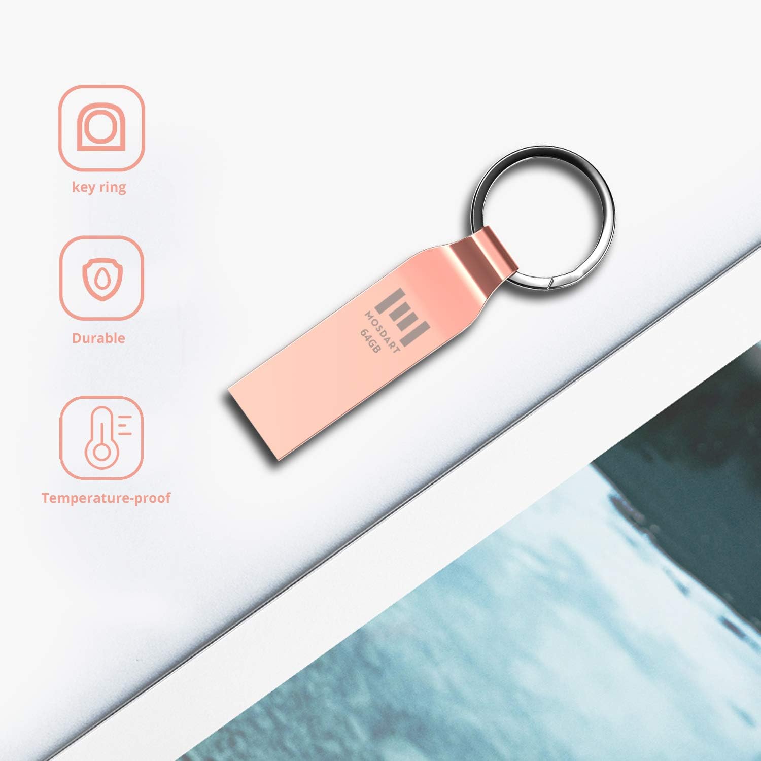 MOSDART ExFAT – Llavero de metal con unidad flash USB 2.0 de 64 GB, unidad de pulgar impermeable, 64 GB, a prueba de polvo, USB2.0 Jump Drive 64G,