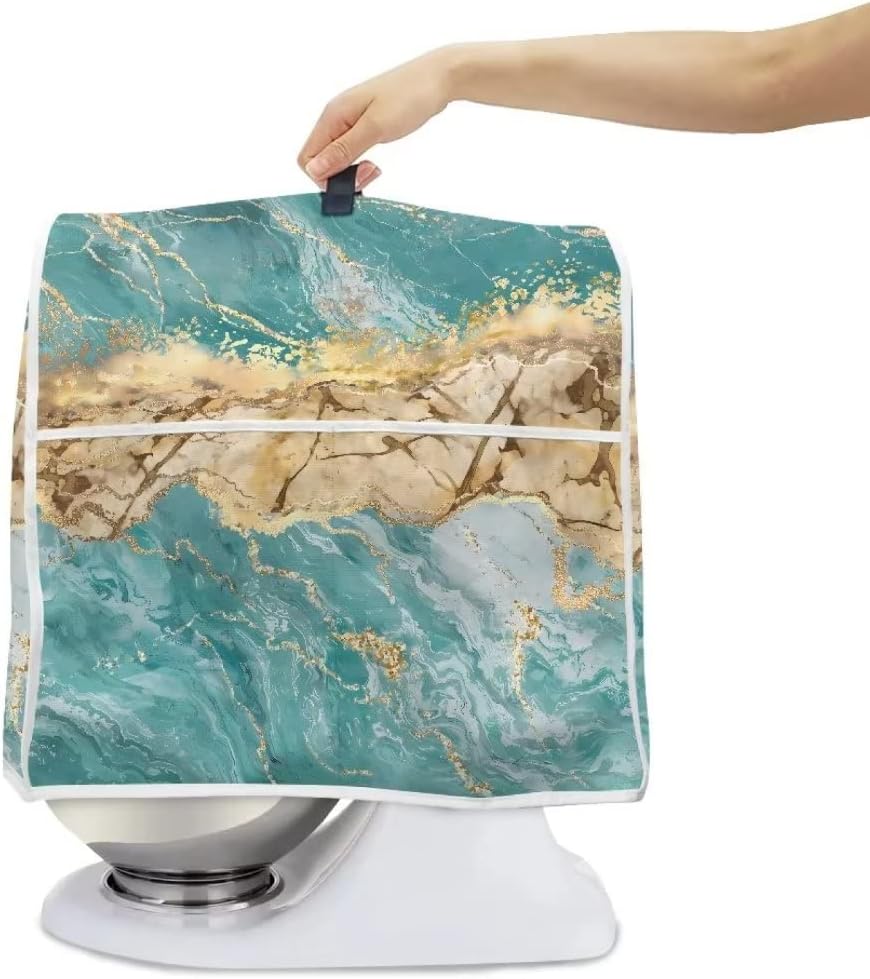 Cubierta antipolvo con estampado de mármol verde azulado para máquina exprimidora, compatible con Kitchen Aid Bowl Lift de 6 a 8 cuartos de galón,