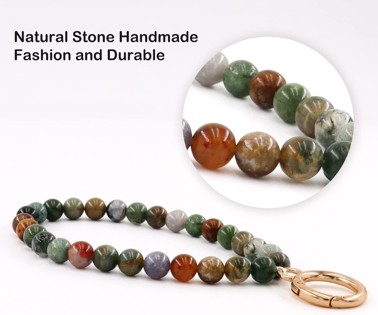 HONZUEN Llavero de muñeca con cuentas, cordón de piedra natural para mujer, correa de muñeca para llaves, cartera