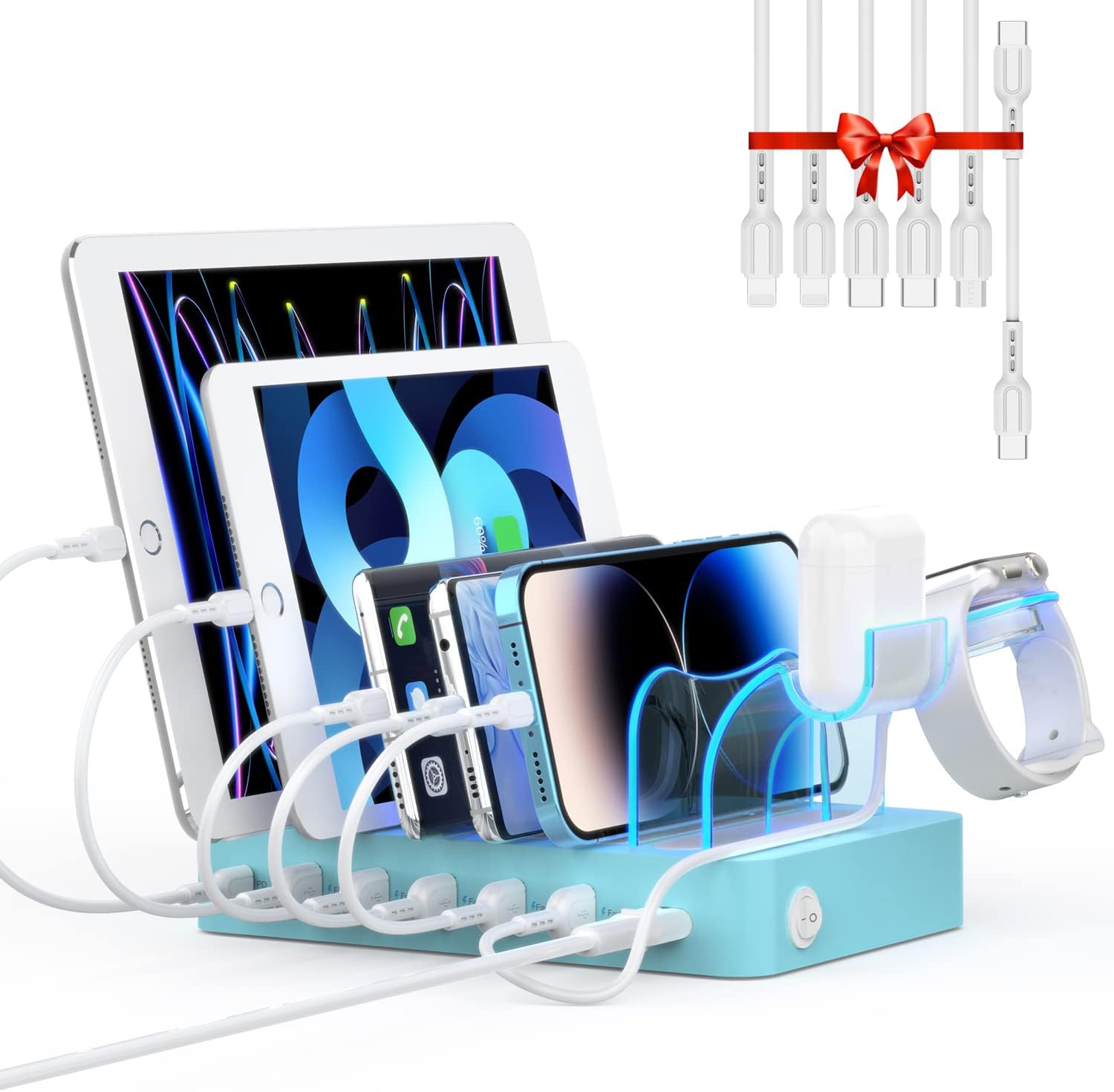 SooPii Estación de carga PD de 60 W y 6 puertos para múltiples dispositivos, 20 W PD USB C carga rápida para lPhone 141312, 6 cables cortos