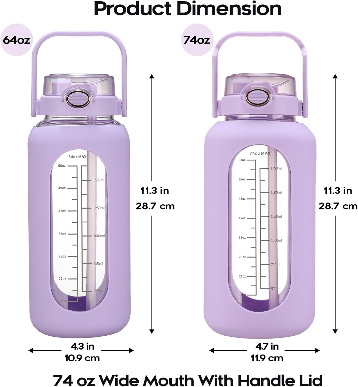 chunmo Bolttles de agua de vidrio de 74 onzas con pajilla, botella de agua motivacional grande con marcador de tiempo, botellas de agua deportivas