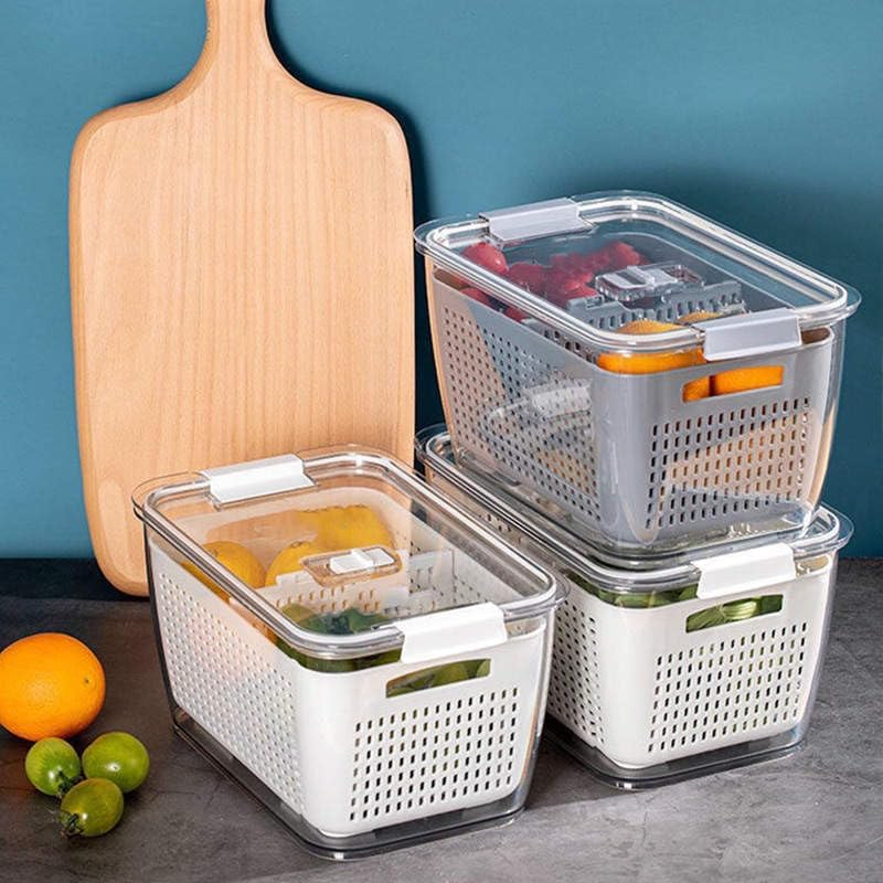 SHEBI PRODUCT Paquete de 3 cubos organizadores de refrigerador, organizador de plástico transparente para frutas y productos con bandeja extraíble,