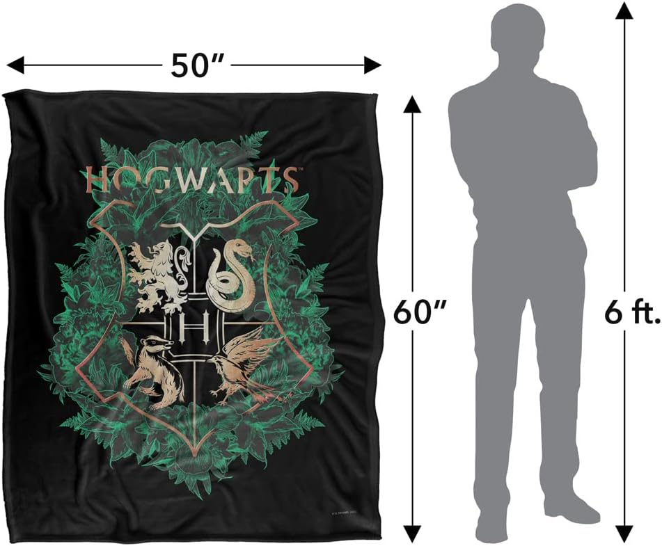 Harry Potter Hogwarts – Manta con diseño floral verde y dorado con licencia oficial, tacto sedoso, súper suave, 50 x 60 pulgadas