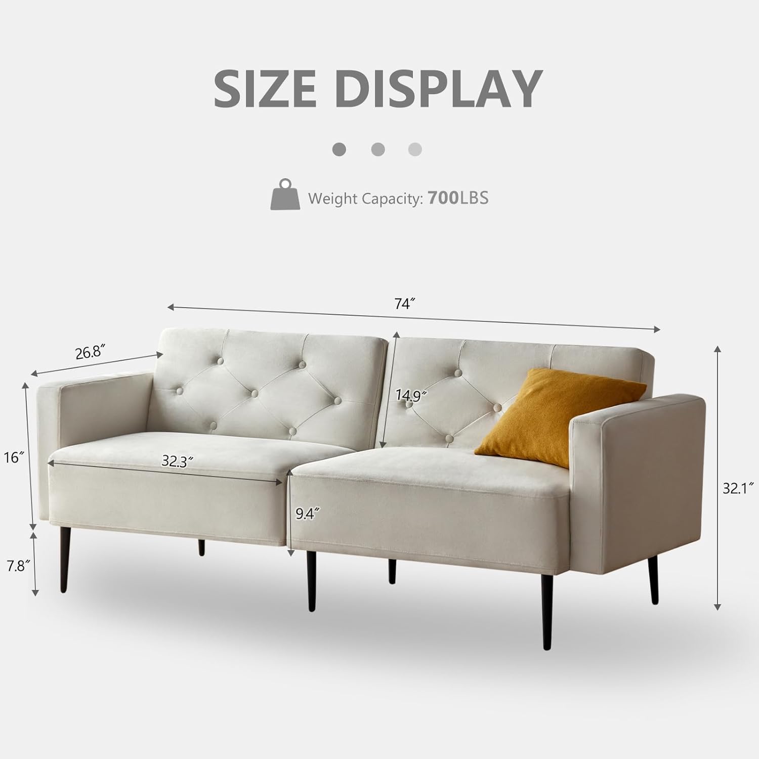 Wimarsbon Sofá cama futón, sofá cama convertible de 74 pulgadas, sofá biplaza tapizado con respaldo ajustable, brazos y patas de metal de alta
