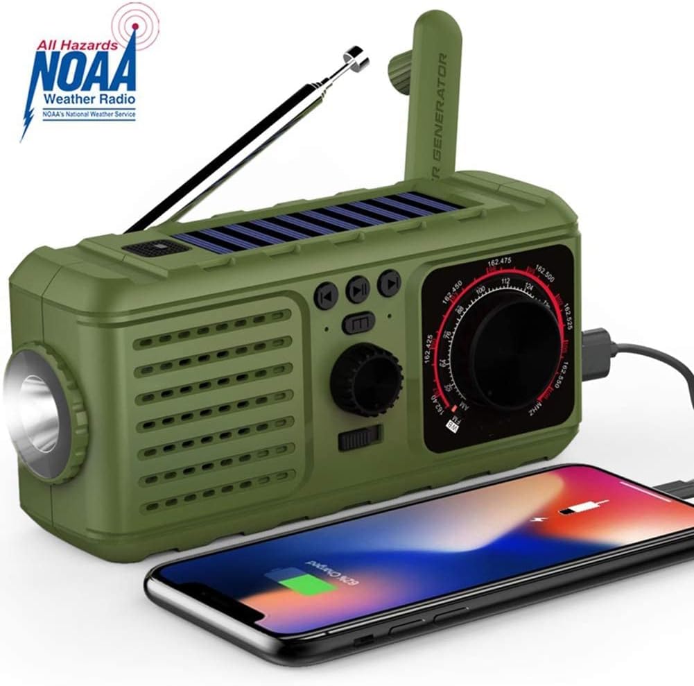 Radio de emergencia solar 3 en 1 al aire libre – manivela NOAA radio portátil meteorológica – Banco de energía de 2200 mAh cargador USB linternas