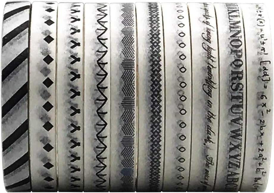 ZMLSED Juego de cintas washi delgadas de 0.197 in de ancho, 10 rollos de cintas decorativas minimalistas de estilo blanco y negro japonés para