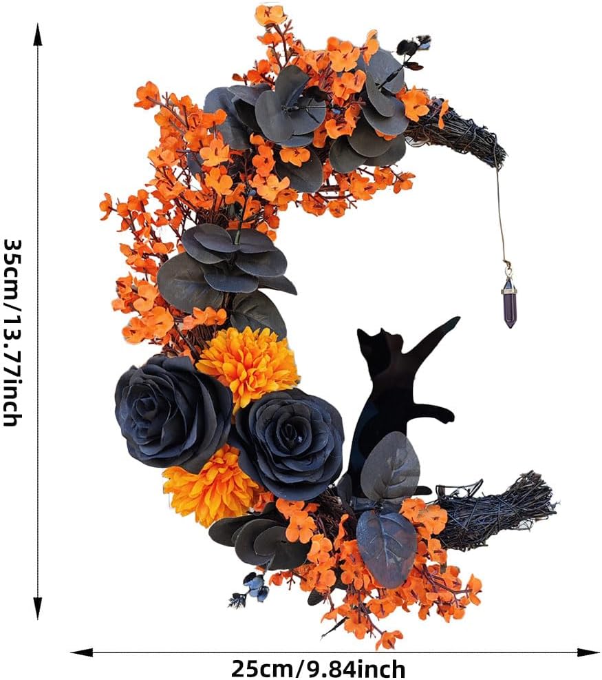 Corona de puerta de Halloween con luz, corona de gato de luna creciente con rosa, coronas de Halloween negras para decoración de pared de ventana de