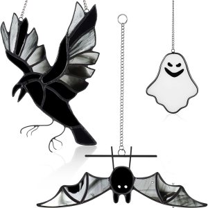 Soaoo 3 piezas de vidrieras de Halloween para colgar en la ventana de murciélagos, decoración de Halloween, decoración de cuervo colgante de Soaoo 3 piezas de vidrieras de Halloween para colgar en la ventana de murciélagos, decoración de Halloween, decoración de cuervo colgante de