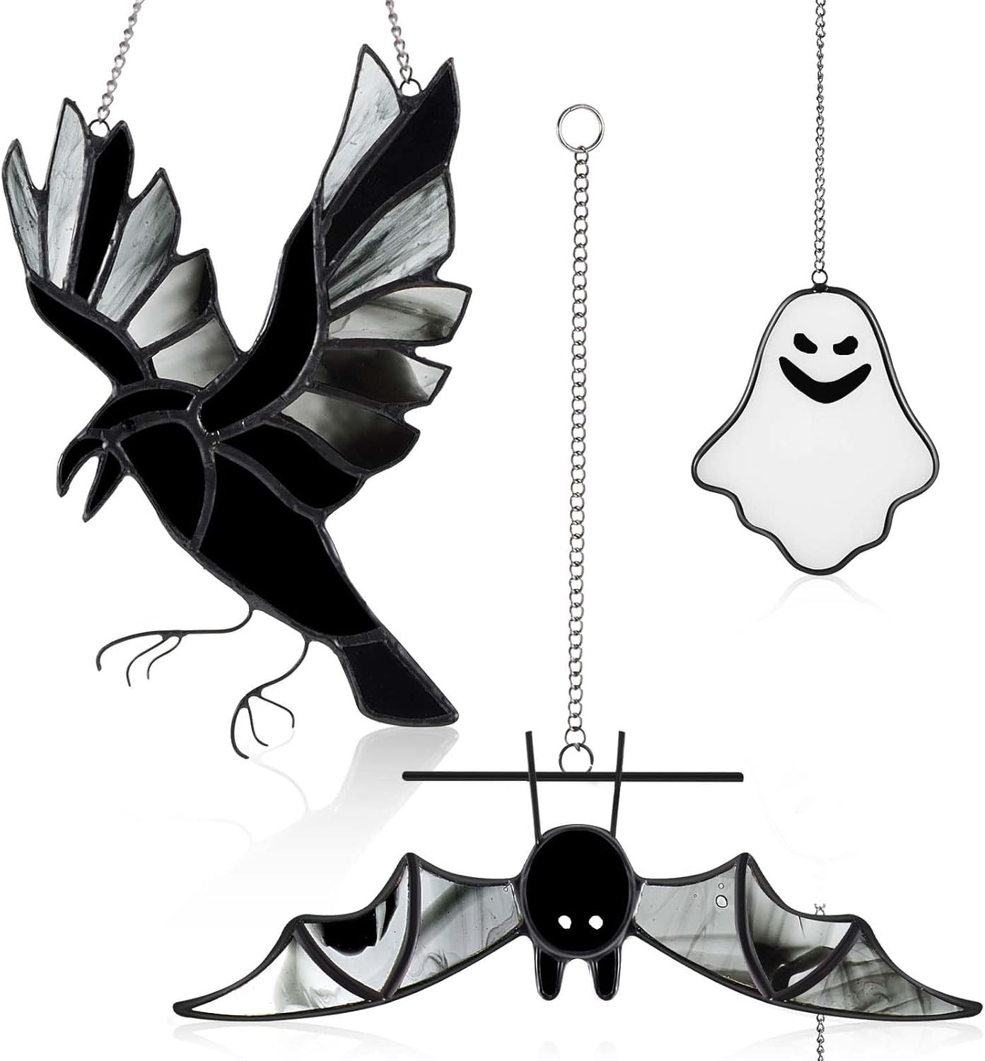 Soaoo 3 piezas de vidrieras de Halloween para colgar en la ventana de murciélagos, decoración de Halloween, decoración de cuervo colgante de