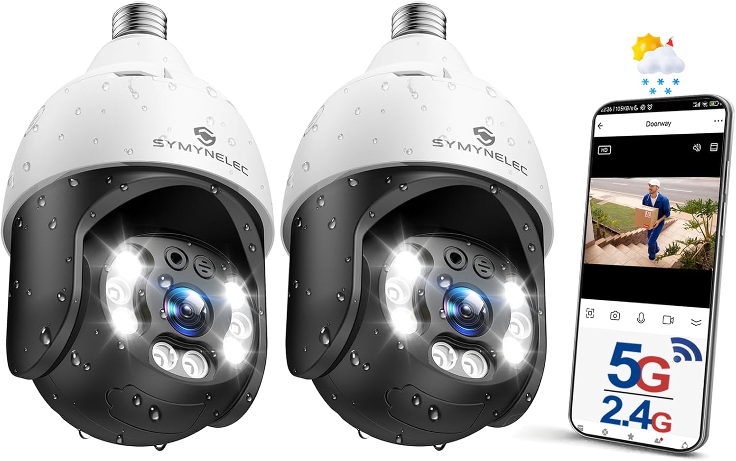 SYMYNELEC Cámara de seguridad con bombilla de 5 GHz2.4 GHz, resistente al agua, 2.5 K, 5G de doble banda inalámbrica WiFi, cámara de seguridad con