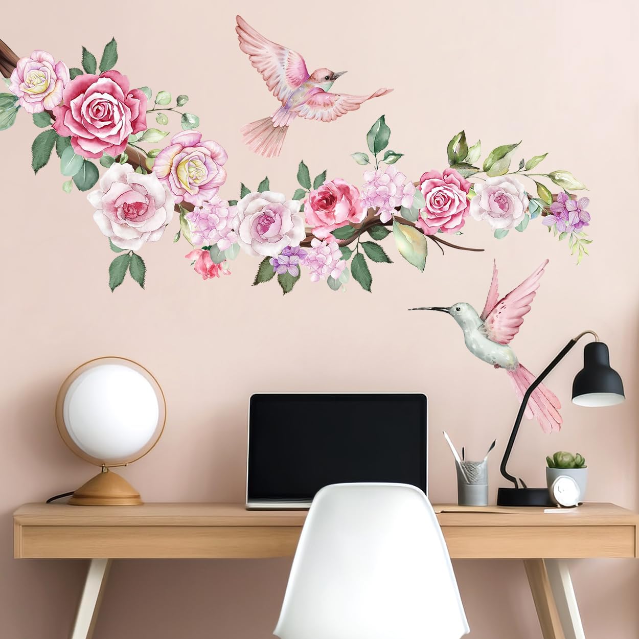 DRWSSR 2 hojas de calcomanías de pared de flores de peonía de acuarela, calcomanías de pared florales de colibríes rosados, calcomanías de pared de