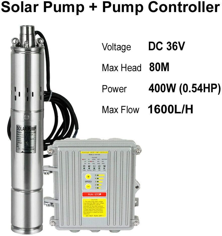 3 “DC bomba de agua solar bomba sumergible bomba de pozo profundo MPPT controlador 36V 400W 1600LH