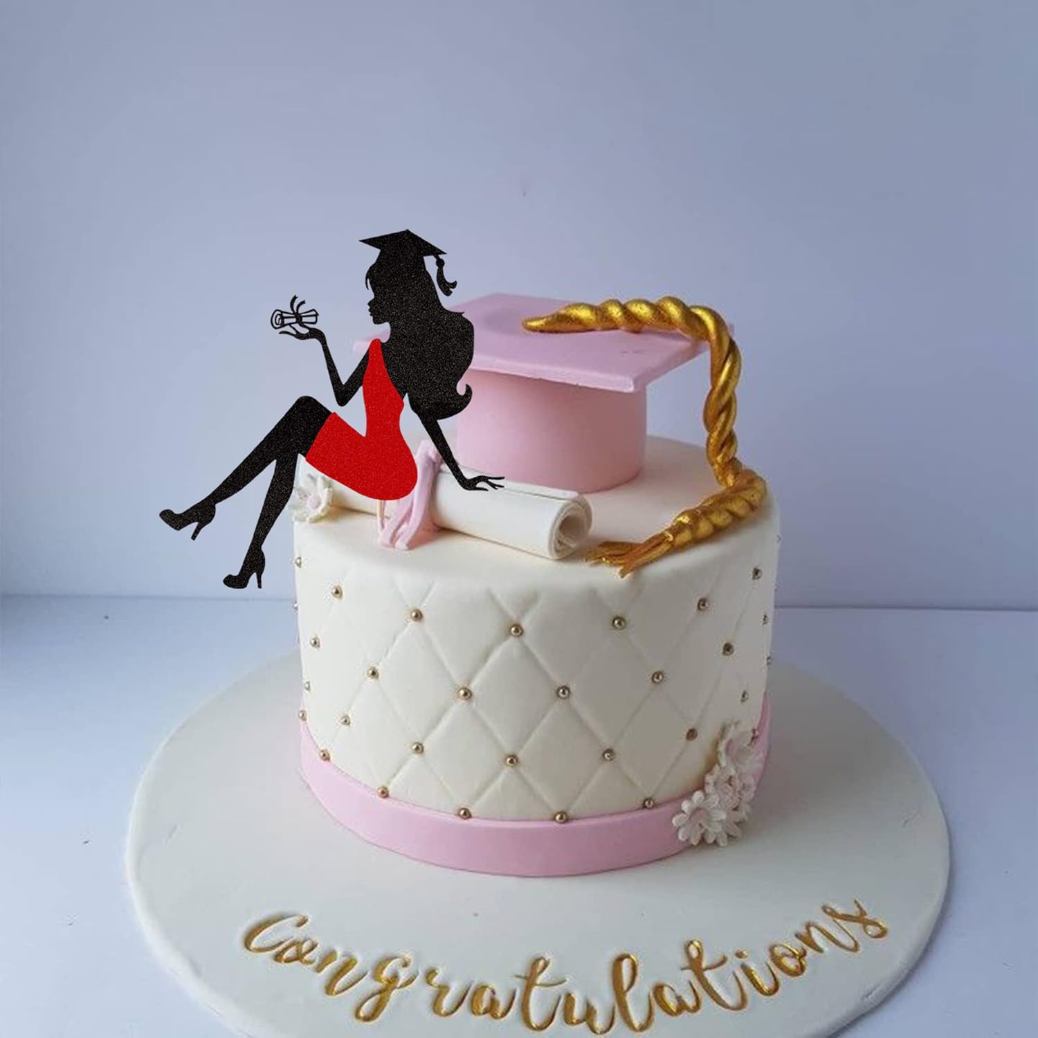 1 pieza de decoración para pastel de graduación 2024 con tapa de graduación con purpurina, diploma de tacón alto para niña, selección de pastel de