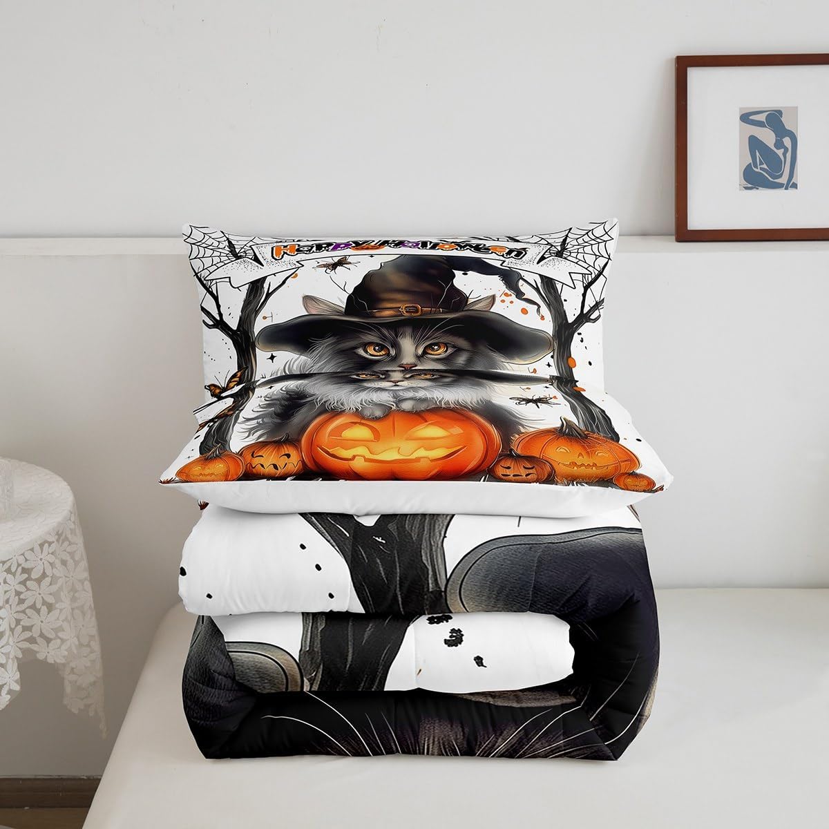 Juego de ropa de cama de Halloween tamaño Queen, lindo juego de edredón con temática de truco o trato, juego de edredón de calabaza de Halloween,