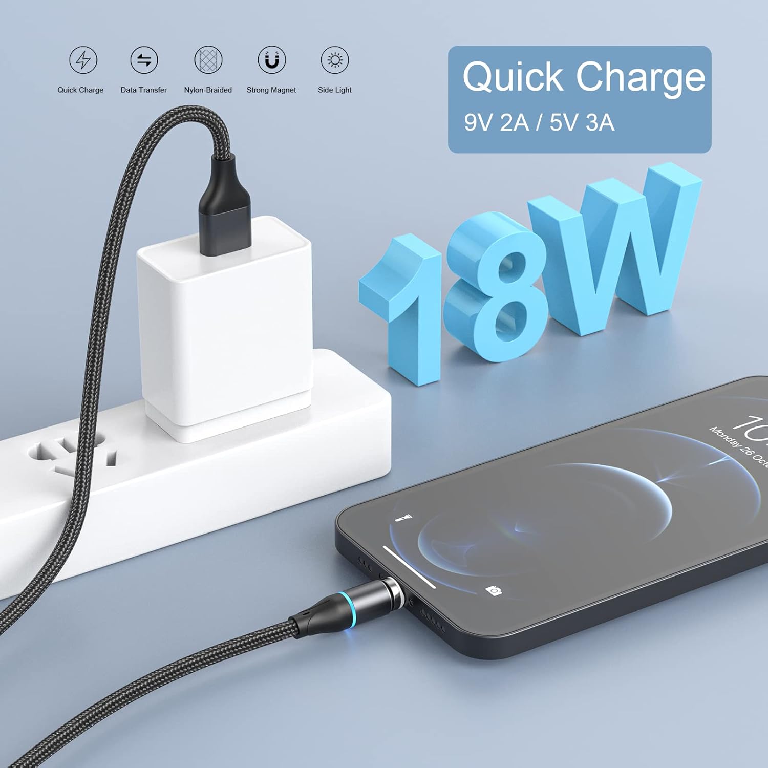 NetDot – Cable de carga magnético, 3 en 1 Gen12 (5 pies3 unidades, negro) Cargador magnético de teléfono de carga rápida de 18 W y cargador
