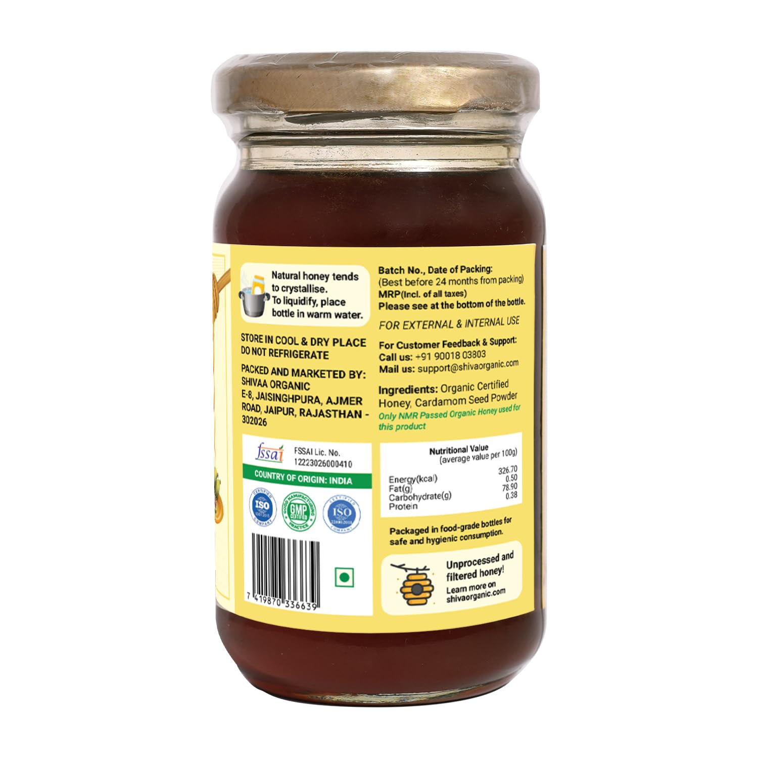 Shiva Organic Miel con infusión de cardamomo – Miel 100% natural y orgánica pura – Certificado GMP 8.81 onzas (8.82 oz))