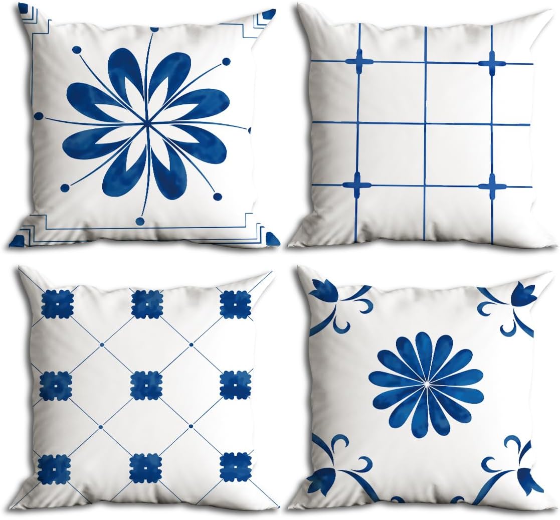 Juego de 4 fundas de almohada de arte mediterráneo, decoración de fundas de almohada de azulejos azules de 18 x 18 pulgadas, funda de almohada con