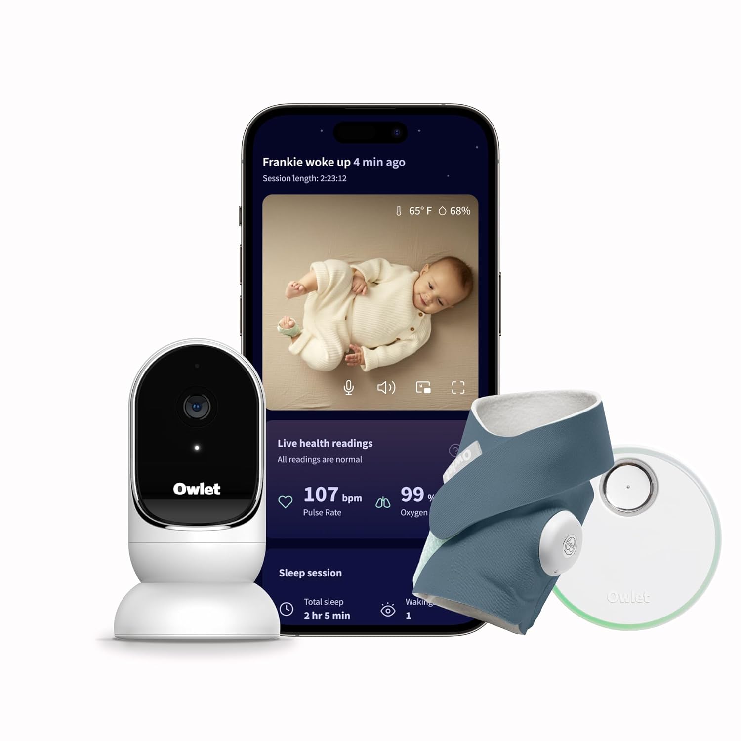 Owlet Dream Duo Dream Sock – Monitor de bebé y cámara HD, color azul a la hora de acostarse