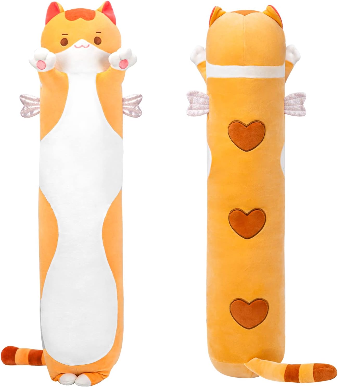 2 piezas de peluche de gato largo, 44 pulgadas, almohada de peluche de gato marrón + almohada de peluche de gatito de ojos grandes negros de 44