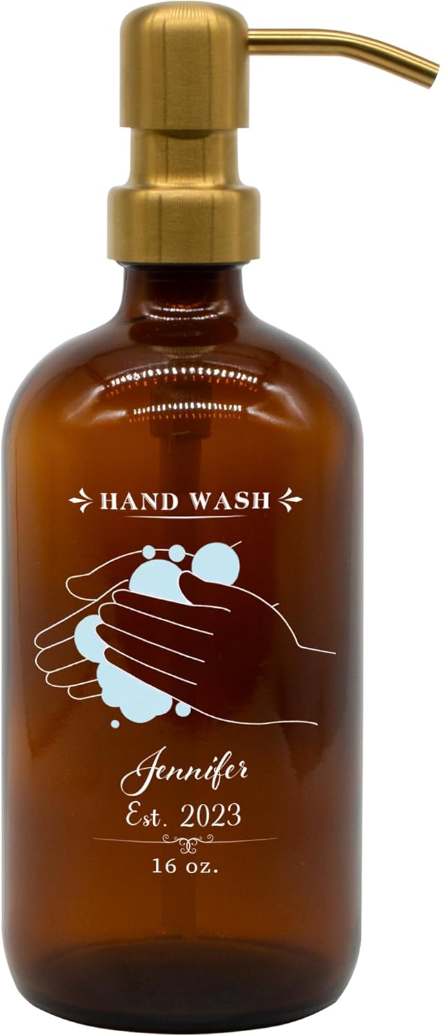 Botella de vidrio personalizada para lavar a mano con etiqueta de color impresa. Dispensador de jabón recargable con bomba de acero inoxidable a