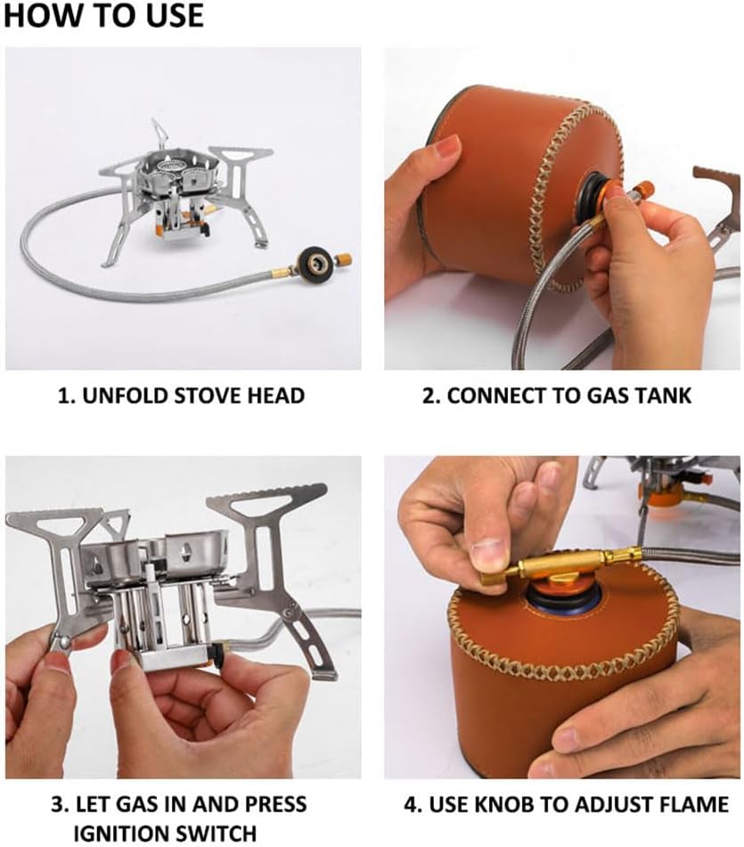 Estufa de camping de 3 núcleos con parabrisas plegable, adaptador de recipiente de combustible y estuche de almacenamiento, juego de estufa de