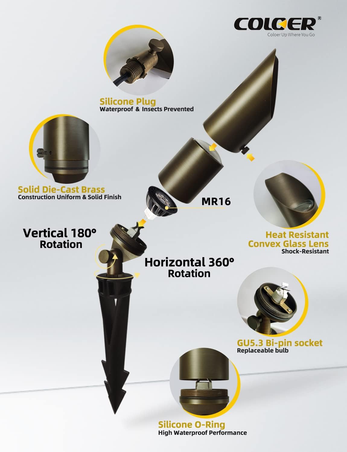 COLOER Focos de paisaje de latón fundido a presión, paquete de 6 focos para exteriores con kit de bombilla LED MR16 de 5 W, estaca de tierra