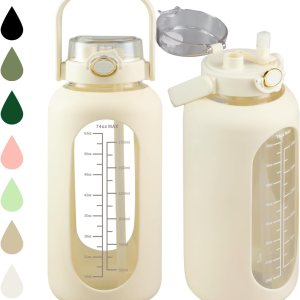 SIEROZUR Botella de agua de vidrio de 74 onzas con pajilla, botella de agua motivacional de 2.2 litros con asa y marcador de tiempo, jarra de agua SIEROZUR Botella de agua de vidrio de 74 onzas con pajilla, botella de agua motivacional de 2.2 litros con asa y marcador de tiempo, jarra de agua