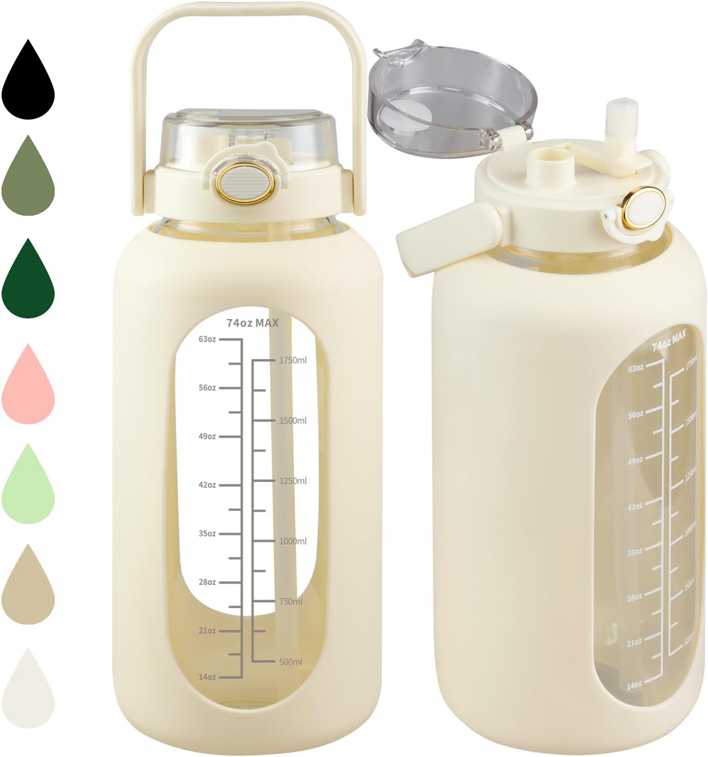 SIEROZUR Botella de agua de vidrio de 74 onzas con pajilla, botella de agua motivacional de 2.2 litros con asa y marcador de tiempo, jarra de agua