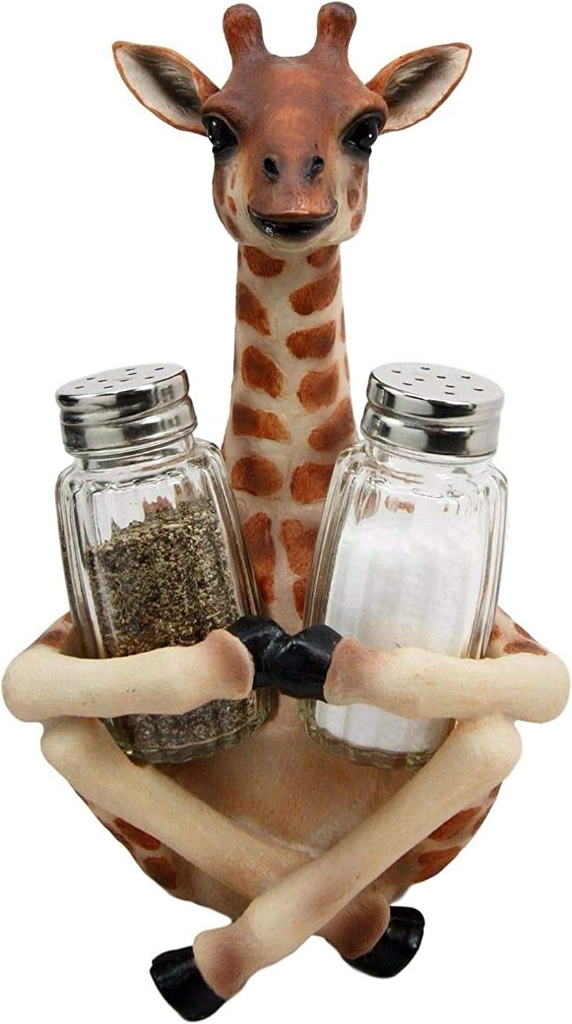 Ebros Gift Safari Adorable jirafa de lejano alcance salero y pimentero figura con cocteleras de cristal, cocina, comedor, decoración del hogar,