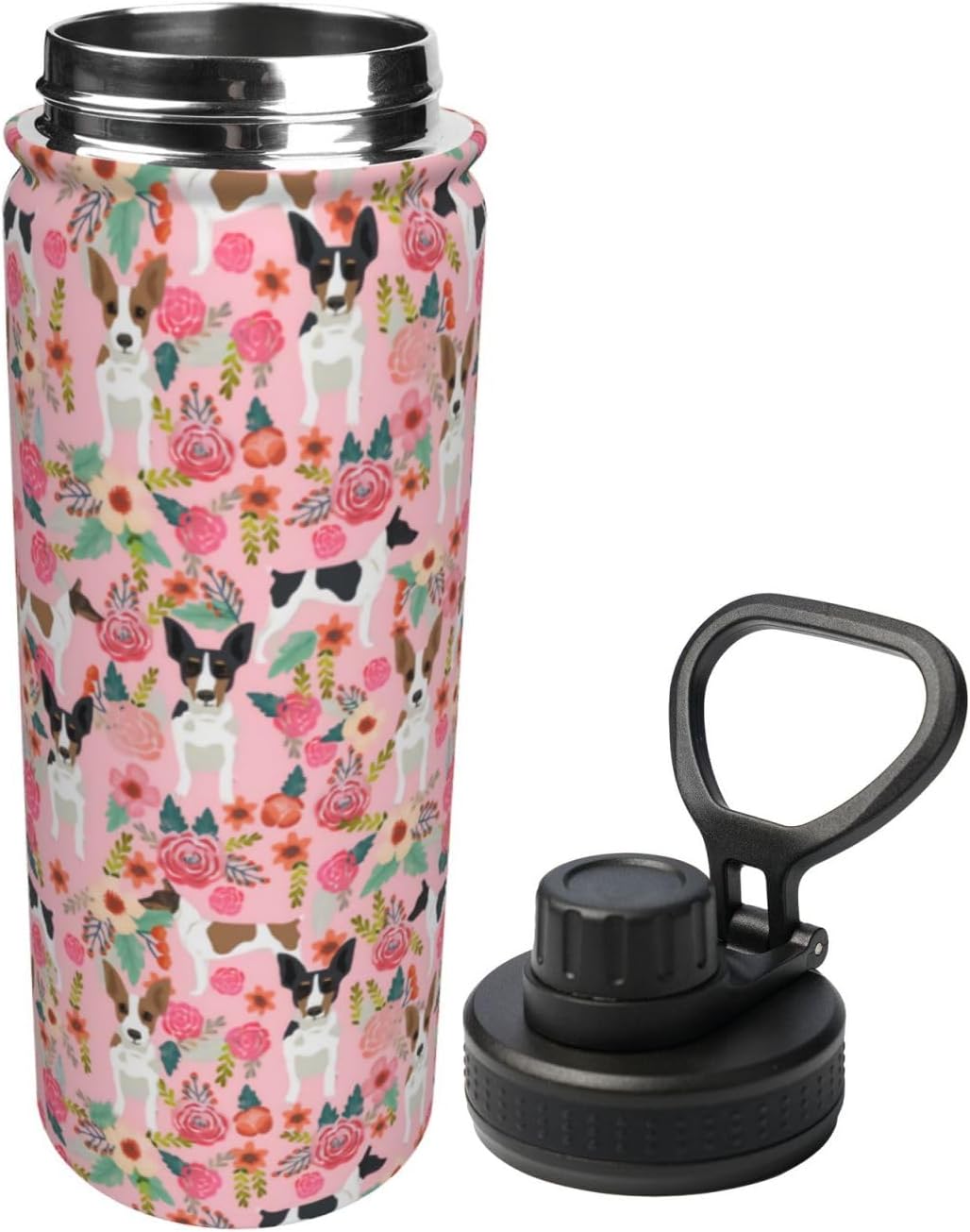 Botellas de agua deportivas aisladas al vacío de acero inoxidable de 18 onzas  Lindas ratas Terrier perro rosas flores tazas con tapa abatible,