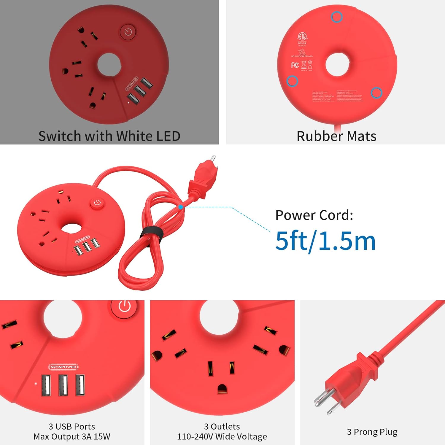 NTONPOWER – Regleta de alimentación de viaje con puertos USB, cable de extensión de viaje de 5 pies con 3 tomacorrientes, 3 USB, estación de carga