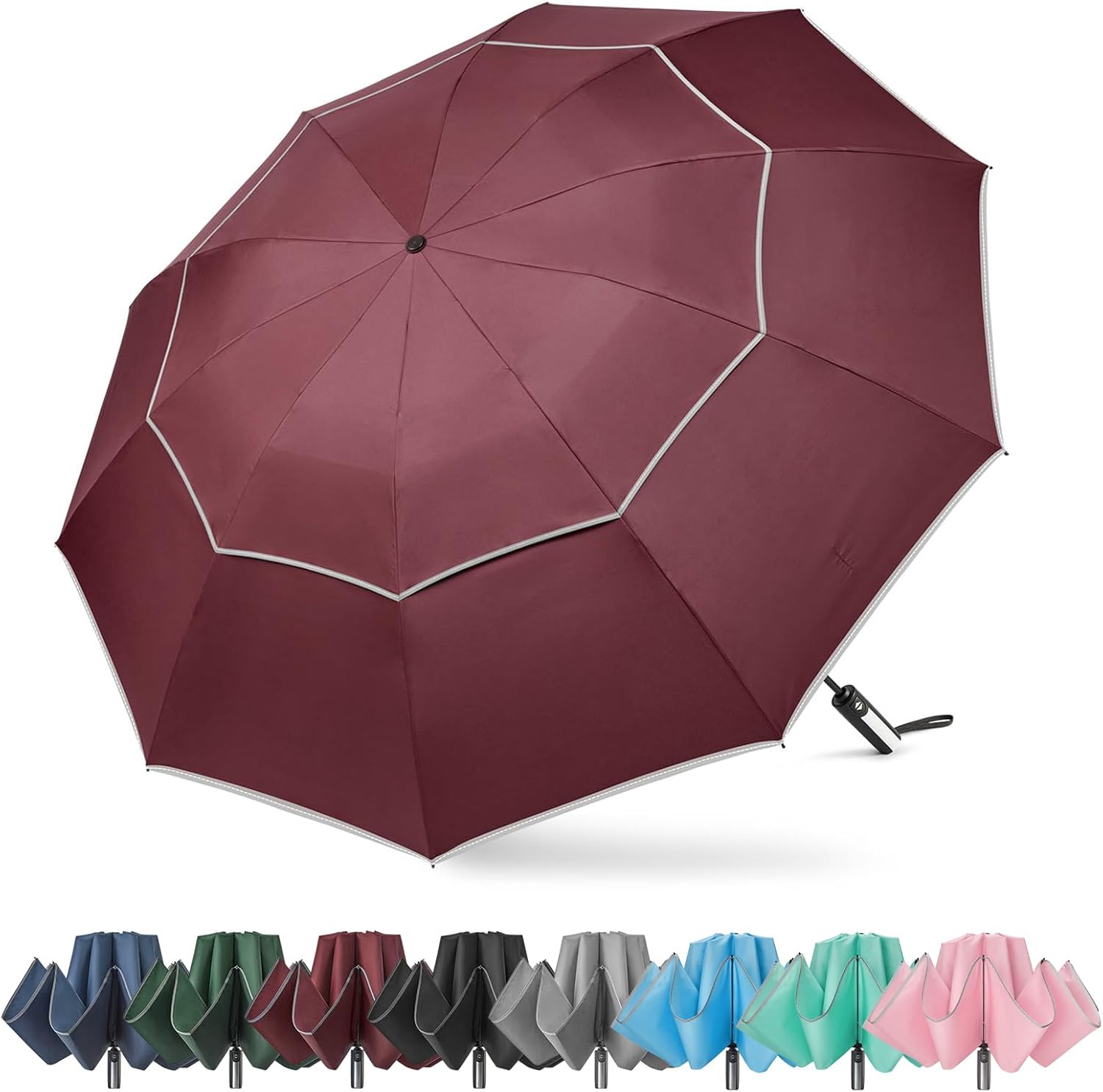 G4Free Paraguas invertido resistente al viento de 62 pulgadas con rayas reflectantes, paraguas grande y compacto de golf para lluvia, 10 varillas,