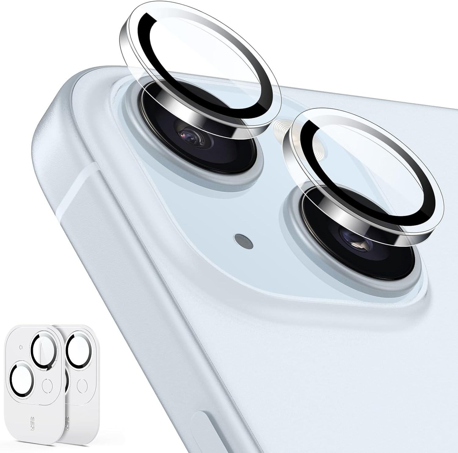 ESR Paquete de 2 protectores de lente de cámara para iPhone 1515 Plus1414 Plus, protectores individuales HD ultra resistentes, resistentes a los