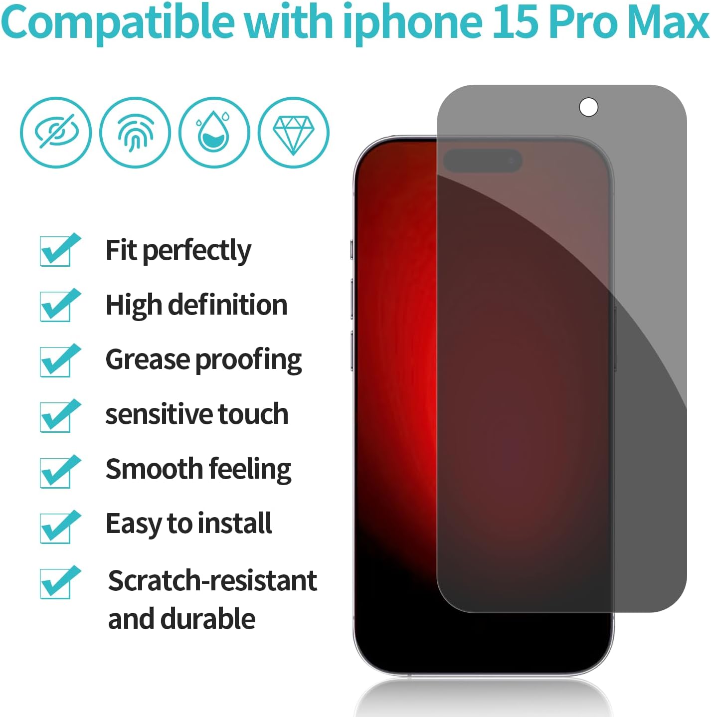 Pehael Paquete de 2+2 Protector de pantalla de privacidad para iPhone 15 Pro Max con protector de lente de cámara, cobertura completa, película de